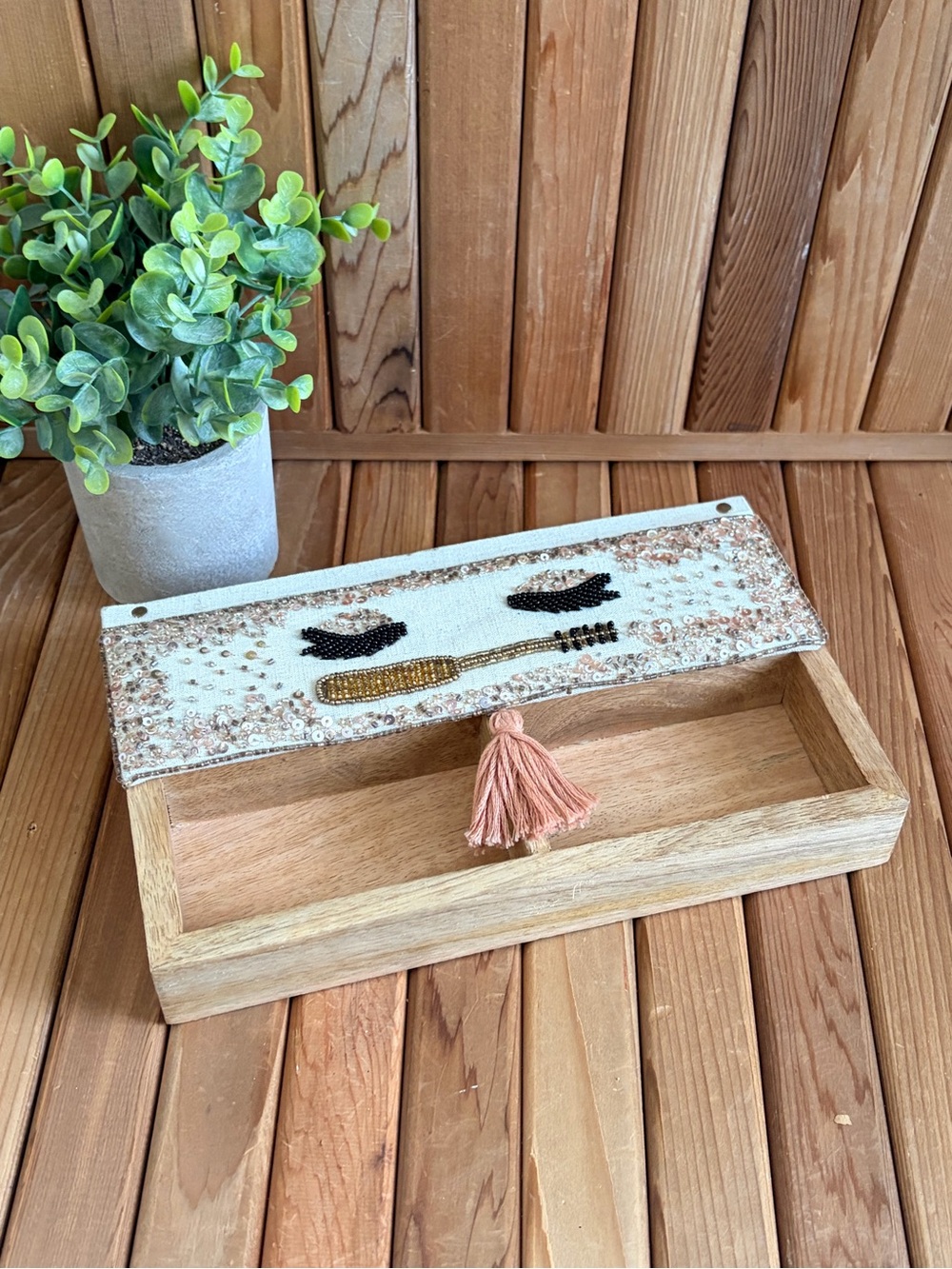 Boho Sequin Face Wooden Jewelry Box, Trinket Organizer and Vanity Decor